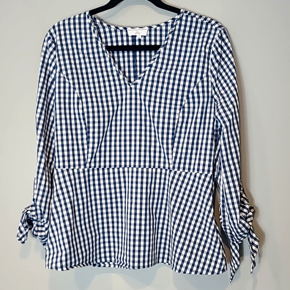 J. Crew x Universal Standard Gingham Poplin Tie Sleeve Top Preppy Coastal Comfy